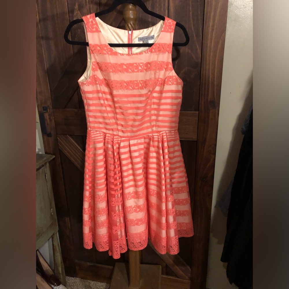Danny & Nicole Coral and Ivory Striped Lace Fit & Flare Dress